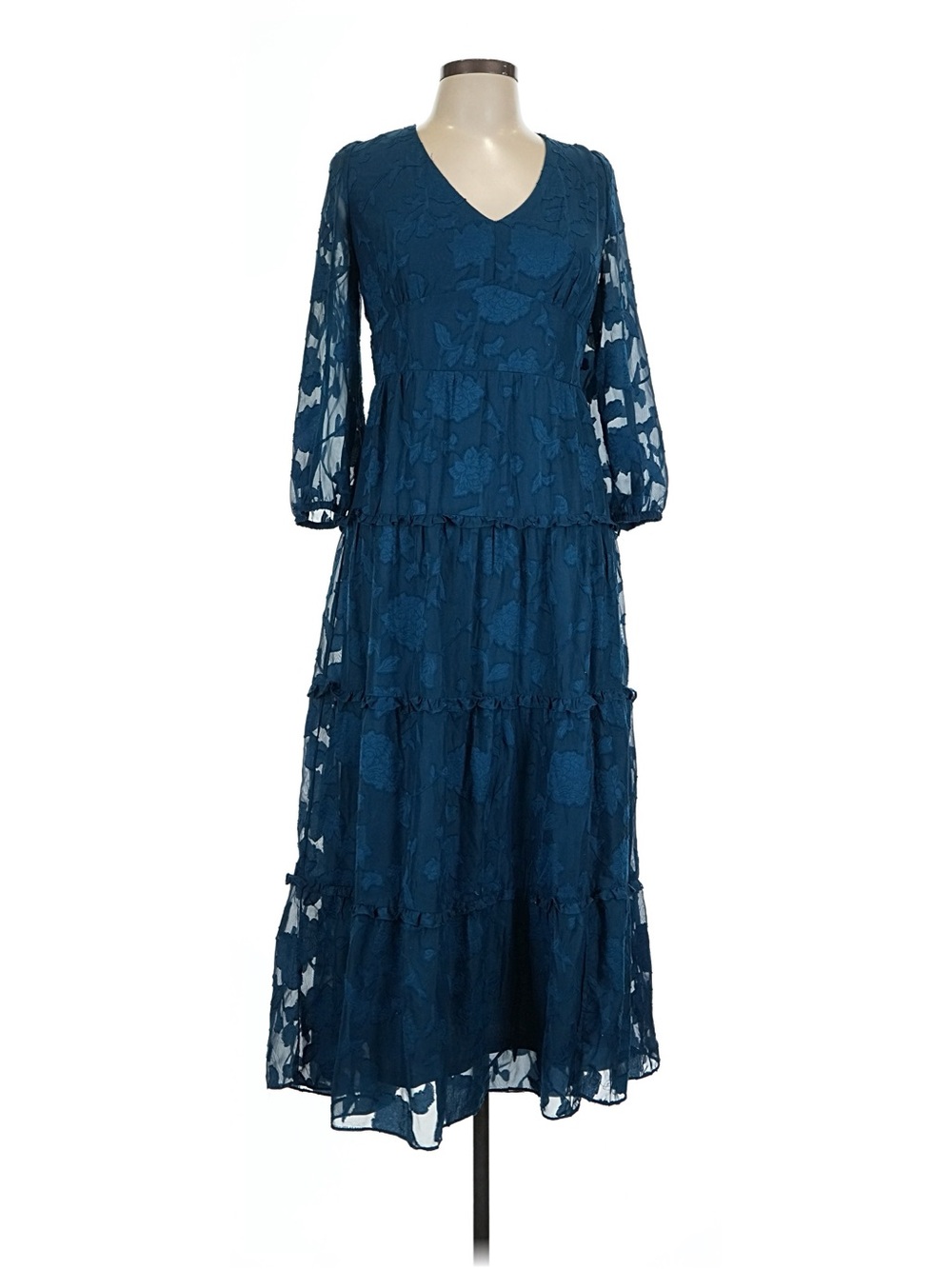 The General Good Women's Large Teal Lace Tiered Maxi Dress - Long Sleeve